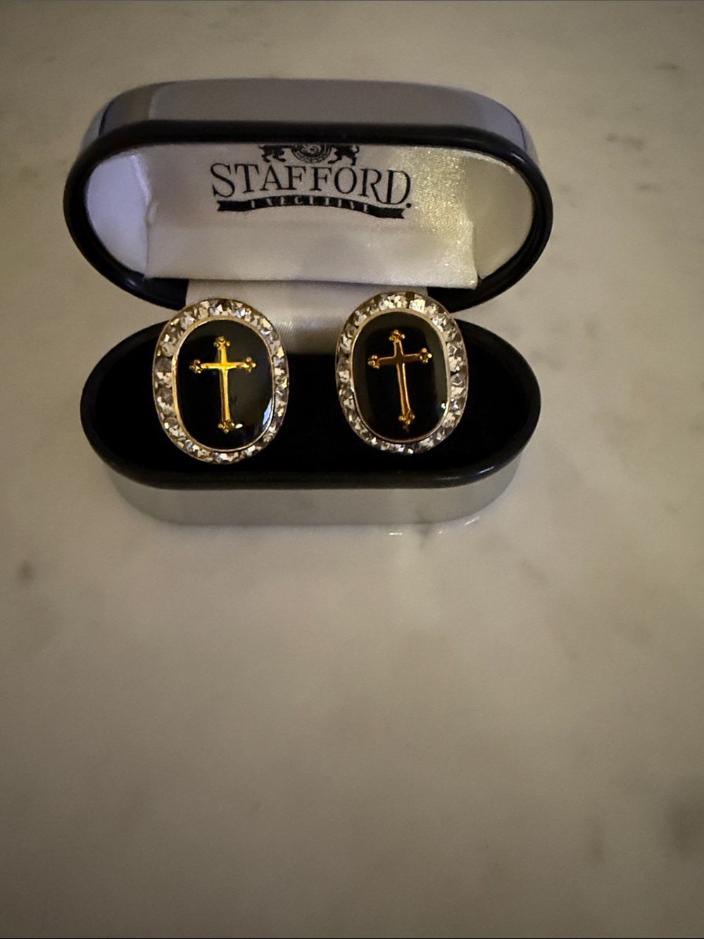 Stafford Black and Gold Cross Oval Cufflinks with Crystal Edge